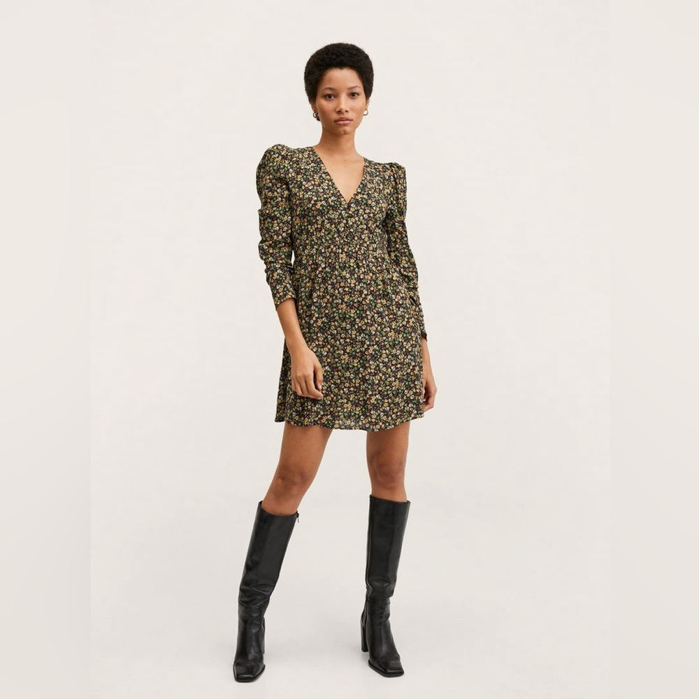 MANGO Women's Printed Dress with Balloon Sleeves